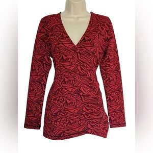 Soft Surroundings Top Womens Size S Red Black Embossed Faux Wrap Surplice Blouse